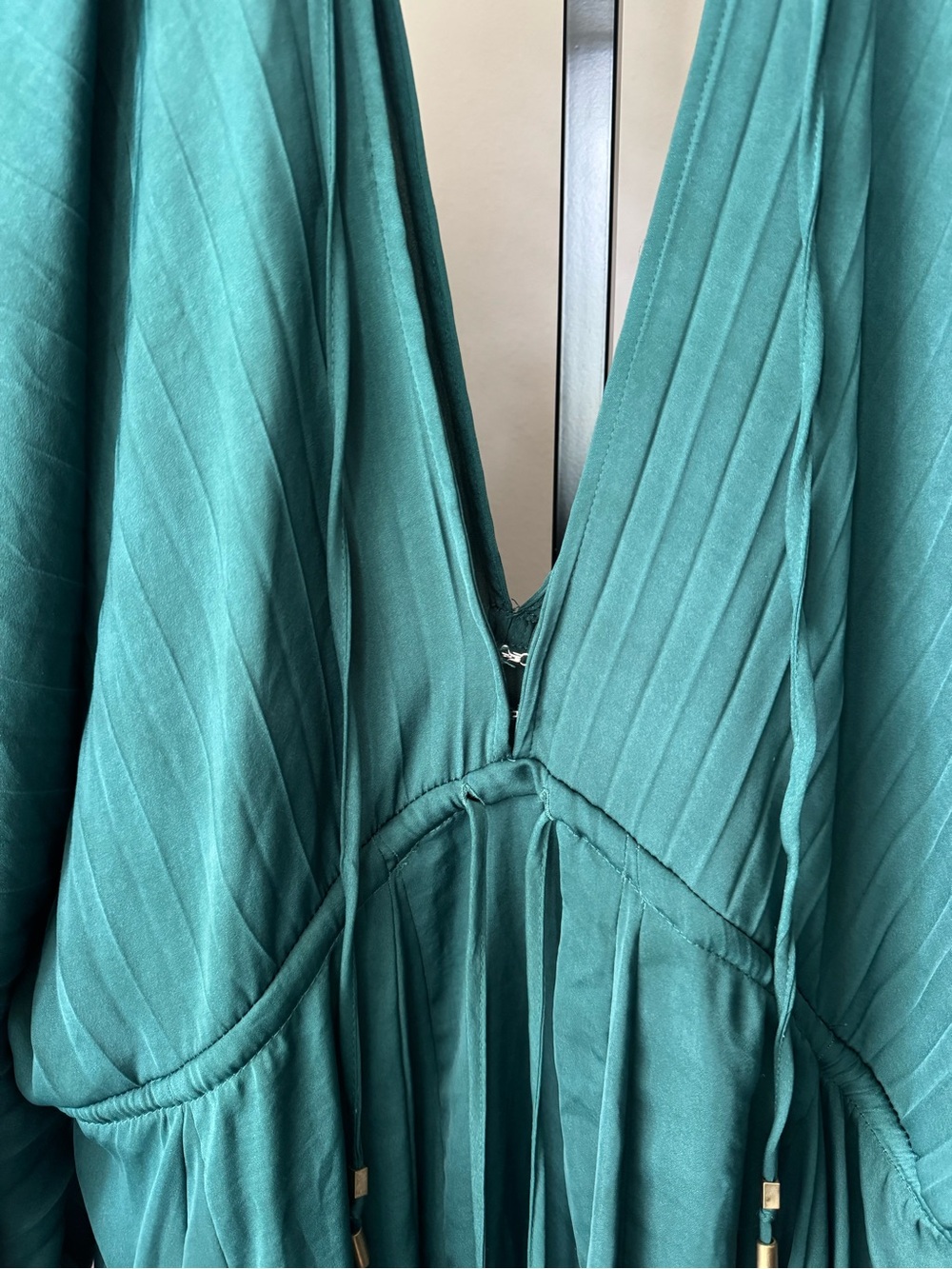 Free people Emerald Green V-Neck Mini Dress with Tie Waist - Picture 6 of 11